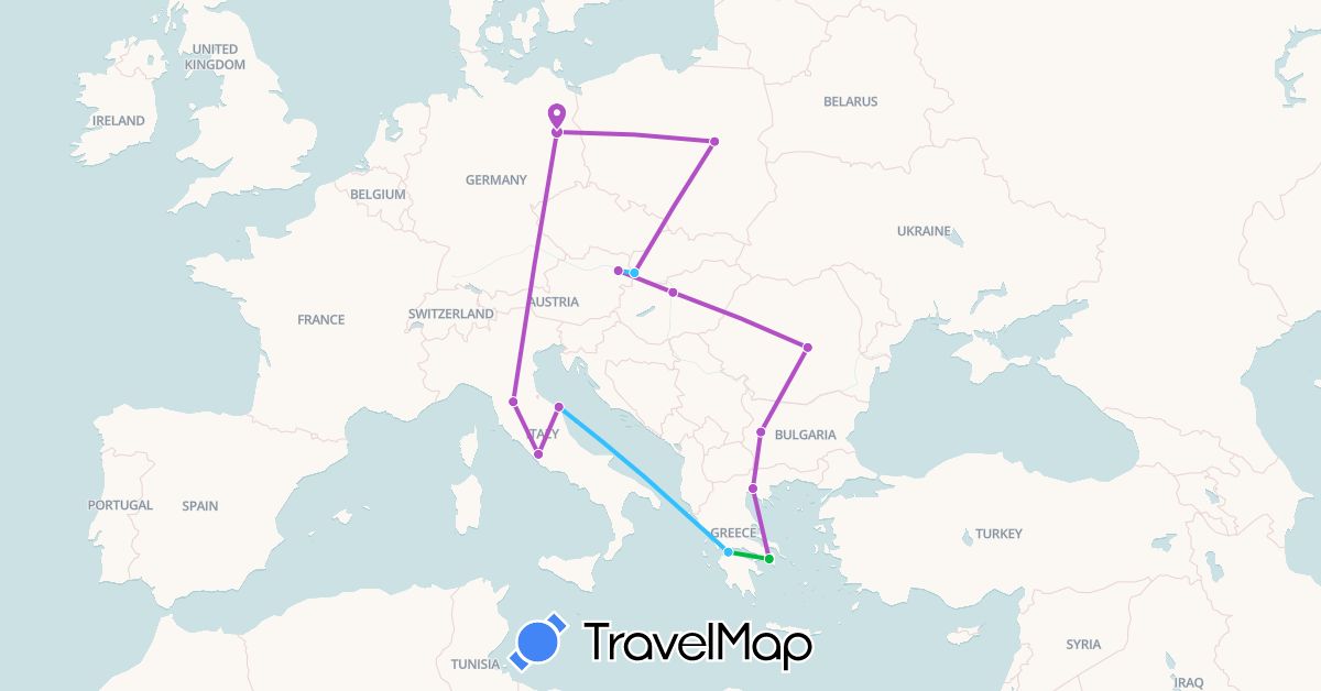 TravelMap itinerary: bus, train, boat in Austria, Bulgaria, Germany, Greece, Hungary, Italy, Poland, Romania, Slovakia (Europe)